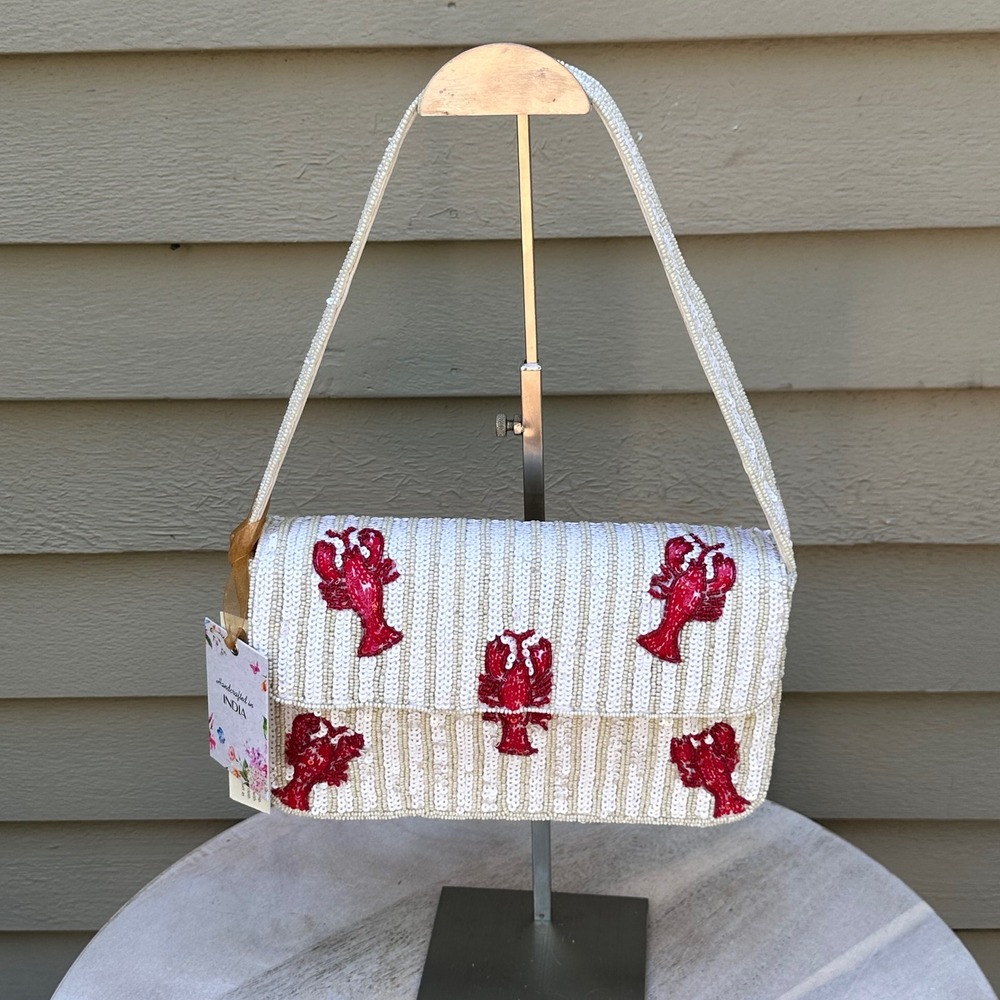 Handcrafted India Beaded Lobster Sequin Shoulder Bag White Red Nautical New